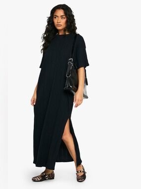 NWT boohoo Textured Rib Drop Shoulder Midaxi T-Shirt Dress Black US 10 / UK 14